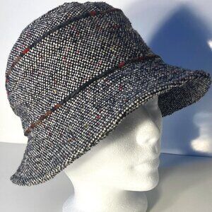 Scala Pronto OS Wool Blend Cloche Bucket Hat Tweed Black & White Plaid Trim